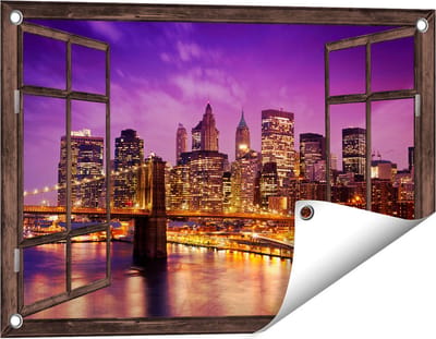 Gards Tuinposter Doorkijk Skyline New York van Centrum in het Paars - 60x40 cm - Tuindoek - Tuindecoratie - Wanddecoratie buiten - Tuinschilderij
