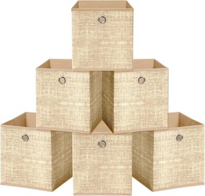 Famanu – Beige stoffen opbergdozen met ooggreep - stoffen opbergdozen in kubus om ruimte te besparen voor kleding