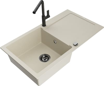 Mexen Leo granieten spoelbak met 1 bak en druiprek en Flora keukenmengkraan, beige - 6501-69-670401-70-B