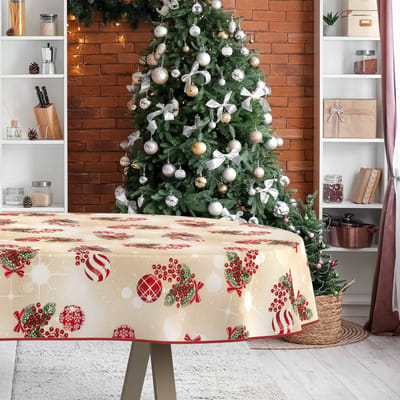 ANRO Tafelkleed Kerstballen Beige Ovaal 200x140cm Met sierband Afwasbaar Waterafstotend
