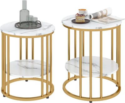 HOMCOM Salontafel Set van 2 Marmerlook - Bijzettafel, Ronde Salontafel, Nachtkastje - Wit en Goud