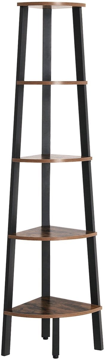 Vijflaagse hoekboekenkast waaiervormig opbergrek stevig metalen frame efficiënt ruimtegebruik geschikt voor woonkamer, slaapkamer en balkon 32,5x34x159 cm bruin + zwart modern minimalistisch