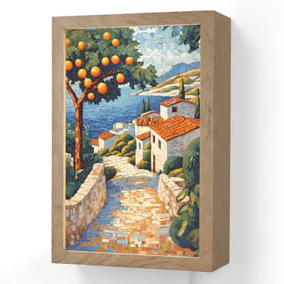 Wandlamp 20x30 cm - Oplaadbaar - Huizen - Mozaïek - Sinaasappelbomen - Zee - Wandlampen binnen woonkamer - Slaapkamer lamp met kabel - Decoratieve nachtlamp - Vloerlamp snoer