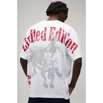 Wit Oversized Western T-shirt Met Print Over De Naden | White | Size Large