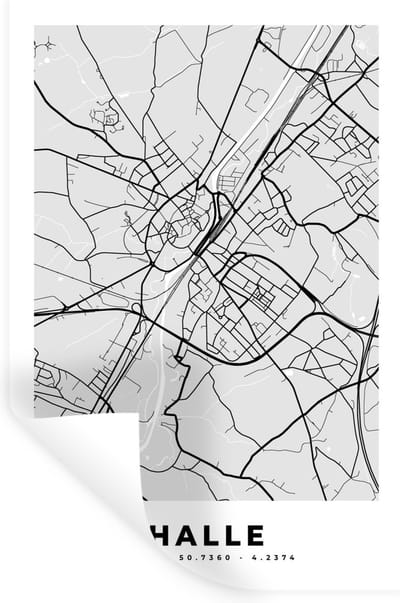 Muurstickers - Sticker Folie - België – Halle – Stadskaart – Kaart – Zwart Wit – Plattegrond - 20x30 cm - Plakfolie - Muurstickers Kinderkamer - Zelfklevend Behang - Zelfklevend behangpapier - Stickerfolie