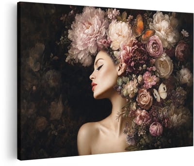 Artaza Canvas Schilderij Vrouw Met Bloemenhoed - Bloemen Portret - 90x60 cm - Wanddecoratie Woonkamer - Schilderijen - Muurdecoratie