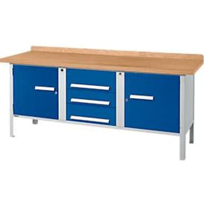 Schäfer Shop Select Kastenwerkbank PWi 200-4, beuken multiplexplaat, tot 750 kg, B 2000 x D 700 x H 840 mm, gentiaanblauw/blank aluminiumkleur