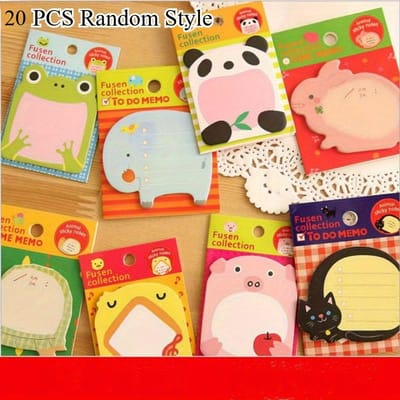 Lot de 20 blocs de 480 notes autocollantes animaux de dessin animé, mini carnet de notes créatif, autocollants mémo détachables, papeterie pour étudiants, fournitures de bureau, carnet mignon et portable