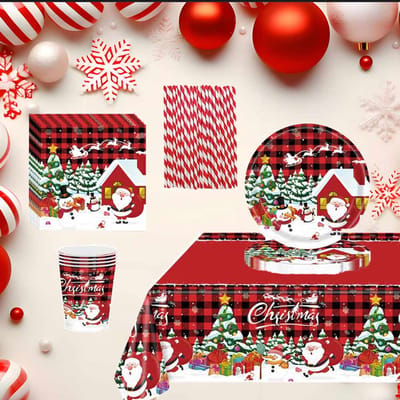 Meedeer Kerstfeestservies-Wegwerp Servies Set 24 personen-Papieren borden-Papieren bekers-Papieren handdoeken-Rietjes-TafelkledenKerstmis-feestaccessoires-set voor Kerstmis