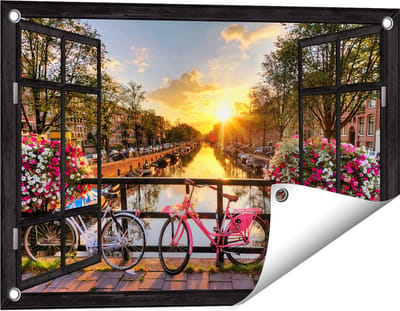 Gards Tuinposter Doorkijk Amsterdamse Brug met Zonsopgang - 60x40 cm - Tuindoek - Tuindecoratie - Wanddecoratie buiten - Tuinschilderij
