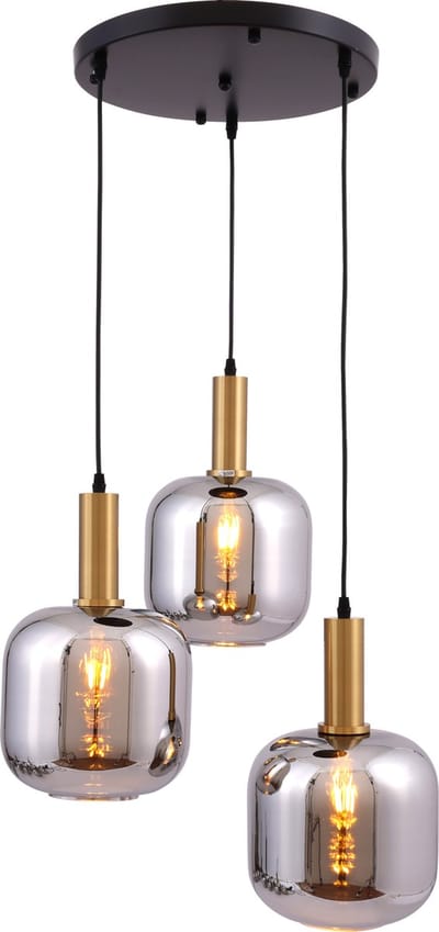 MBC Light - Hanglamp smoke - Bulbs - 3 lichts - zwarte metaal ronde 30cm plaat - spiegel smoke glas - met brons element