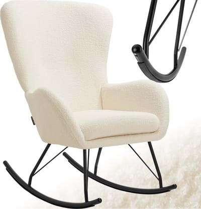 tectake® Swing Schommelstoel - Gestoffeerde Bouclé Fauteuil met Stalen Glijders en Extra Dik Zitkussen - Scandinavisch Design, Onderhoudsvriendelijk en Ergonomisch - creme/zwart