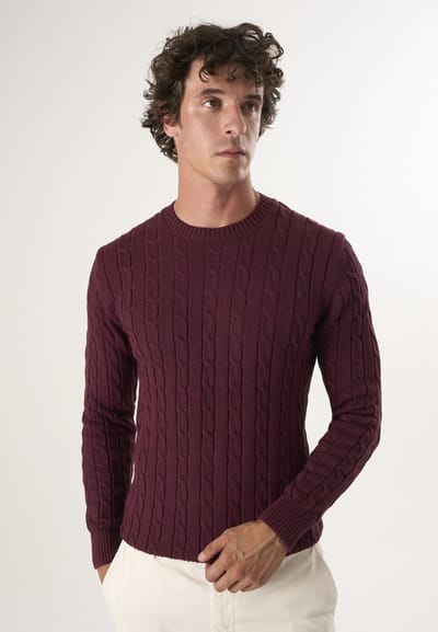 Felix Hardy Kabelgebreide Trui Met Ronde Hals - 100% Katoen Heren Bordeaux - 2Xl