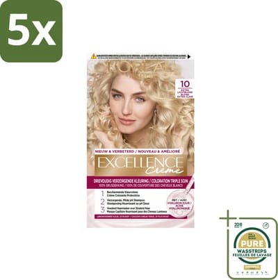 5 x L'Oréal Excellence Crème Permanente Crèmekleuring 10 Extra Lichtblond - Grootverpakking - Haarverf - Grijsdekking - Permanente Haarkleuring - Crèmekleuring - Haarverf Grijsdekking
