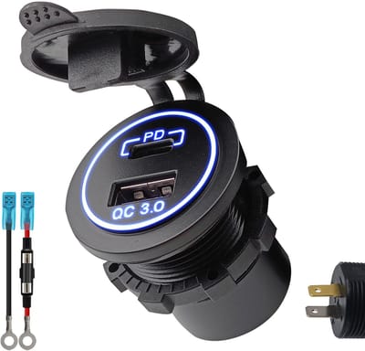 ProRide 12V USB/USB C Stopcontact 2 Poorten - Inbouw - QC3.0 - met Aansluitkabel 60cm en Glaszekering 10A - Blauw