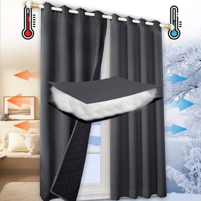 Qelus 100% Opaque Warmte-Koud Isolerend Gordijn met Ringen - Blokkeert Geluid - 1 stuk Verduisteringsgordijnen voor Woonkamer & Slaapkamer - 132x160cm - Voor Winter & Zomer - Gratis Bindband - Grijs