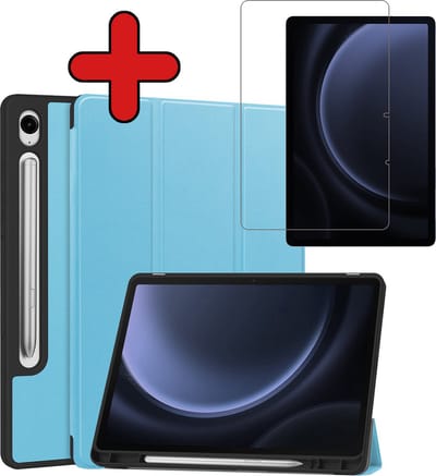 Hoesje - Geschikt voor Samsung Galaxy Tab S9 FE - Met Screenprotector - Trifold Bookcase Hoes - Hard Cover Case - Met Uitsparing Geschikt voor S Pen - Hardcover Book - Tablethoes - Lichtblauw