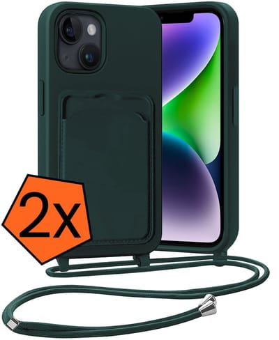 Hoesje Geschikt voor iPhone 13 Hoesje Met Telefoonketting Pasjeshouder Case Koord - Hoesje Geschikt voor iPhone 13 Hoes Met Kaarthouder - Donkergroen - 2 PACK