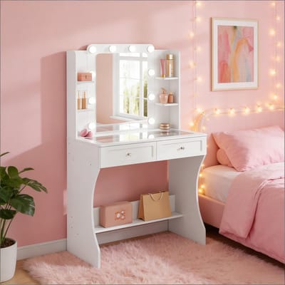 FloraGrace Kaptafel - Met Driedelige Led Spiegelverlichting En Glazen Blad - Voor Slaapkamer Of Kleedruimte - MDF - 80x40x135 cm - Wit