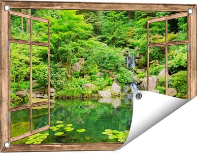Gards Tuinposter Doorkijk Panorama van Japanse Tuin - 60x40 cm - Tuindoek - Tuindecoratie - Wanddecoratie buiten - Tuinschilderij