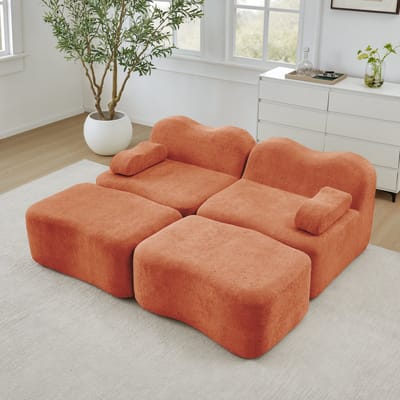 MODENUIT Hoekbank Zonder Frame - Modulaire 2-Zits Met 2 Ottomans - Voor Woonkamer En Appartement - Fluweel Oranje