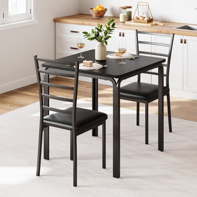 Eettafel Stoel Set 3-delig - 74x74x76cm - 2 Beklede Stoelen - Vintage Tafelblad en Afgeronde Hoeken - Ruimtebesparend voor Kleine Appartementen en Ruimtes - Zwart