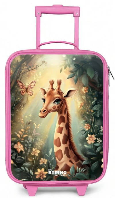 NoBoringSuitcases.com® - Kinderkoffer roze - Kindertrolley meisje - Jonge giraf tussen bloemen in zonnig woud - Koffer kind lichtgewicht - Reiskoffer trolley voor kinderen - Koffertje met lichtgevende wieltjes - Rolkoffer