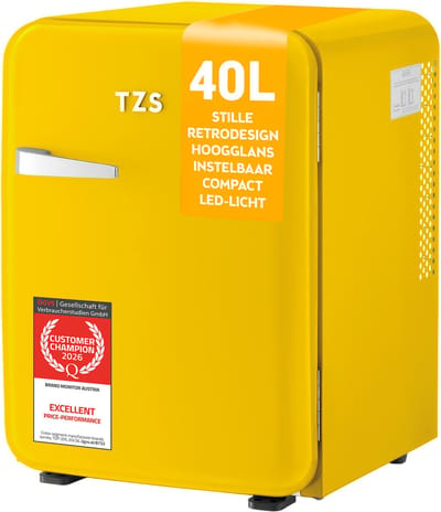 TZS First Austria Mini koelkast - Minibar - 40 liter - Vrijstaand - Volledig stil 22dB - Retro - Geel