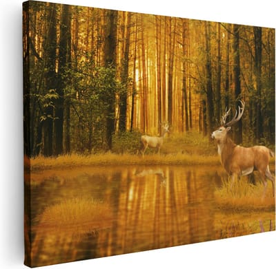 Artaza Canvas Schilderij Herten In Bos - 40x30 cm - Klein - Wanddecoratie Hert - Muurdecoratie Zonsondergang - Kamer Accessoires Woonkamer
