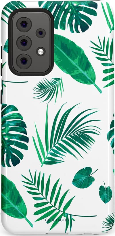 Casetastic Hoesje Geschikt voor Samsung A52 (4G/5G/s) - Stijlvolle Beschermende Duo-layer Case - Groene Witte Jungle Bladeren Print