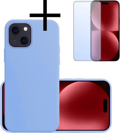 Hoesje - Met Screenprotector - Geschikt voor Apple iPhone 15 - Sterk & Shockproof - Back Cover - Siliconen Case - Telefoon Hoes - Lichtblauw