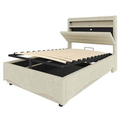 COVREO Bedframe met LED en USB – 90x200 cm – Eenpersoonsbed met opbergruimte – met plank en Type-C – Beige - zonder matras