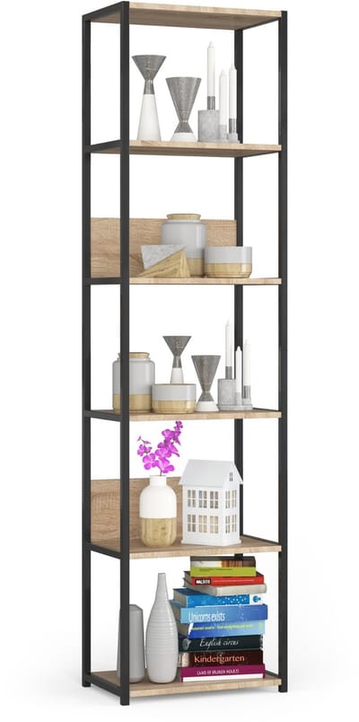 Open Boekenkast, Ladderkast, Industriële Stijl / Metalen Vakkenkast met 6 Planken / Opbergplank / Boekenrek Opslagrek / Zwart - Sonoma Eik / 50 x 192 x 32 cm