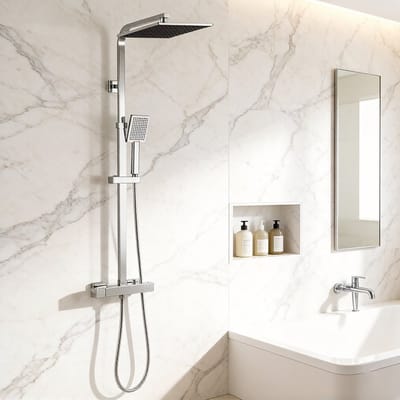 Auralum Max Regendouche met Thermostaatkraan - Douchesysteem Set - 10 inch Douchekop - Rechthoek Doucheset - Verstelbare Hoogte 97-130 cm - Waterbesparend - Chroom