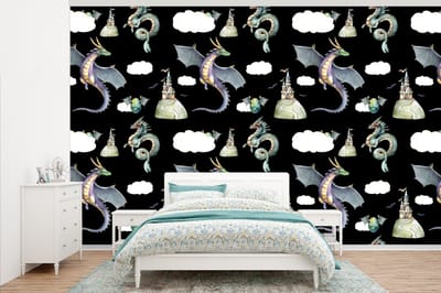 Behang - Fotobehang Jongens - Patronen - Draak - Kasteel - Breedte 345 cm x hoogte 220 cm