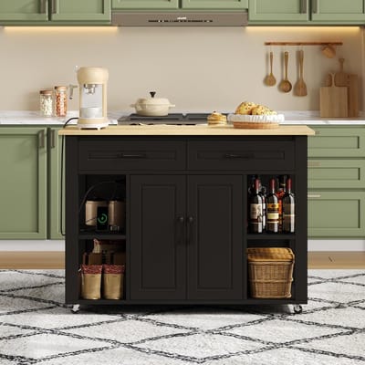 Keuken Eiland - Verrijdbaar Werkblad - Koken en Eten - Met Bar en Stopcontacten - 120x77x93cm - Zwart