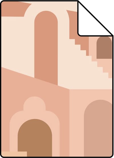 Proefstaal ESTAhome behang mediterrane huisjes terracotta roze - 26.5 x 21 cm - 139627-S