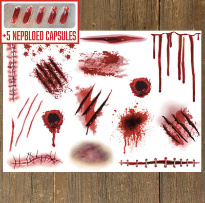 GetGlitterBaby® - Tattoo + Nep Bloed Capsules / Halloween Horror Decoratie Versiering Wonden / Carnaval Schmink Make Up Plak Tattoos / Tijdelijke Tattoo / Nep Tatoeage + Vloeibaar Dik Rood Bloed / Nepbloed / Nep Wond / Fake Kunst Blood - 5 Capsules
