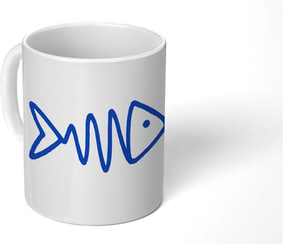 Mok - Koffiemok - Vis - Minimalistisch - Blauw - Lijn - Mokken - 350 ML - Beker - Koffiemokken - Theemok