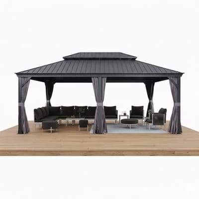 PURPLE LEAF Hardtop Aluminium Tuinpaviljoen – Dubbel dak – Hoogwaardige Gordijnen – Wind- en weerbestendig – Luxueus Grijs