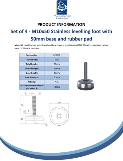 Roestvrijstalen stelpoot M10x50 met voet van 50 mm en trillingsdempende onderlegger, draagvermogen 1400 kg – Set van 4