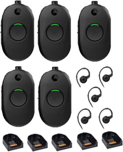 Set van 5 Motorola CLP446E Mini Portofoons met oortje en tafel lader