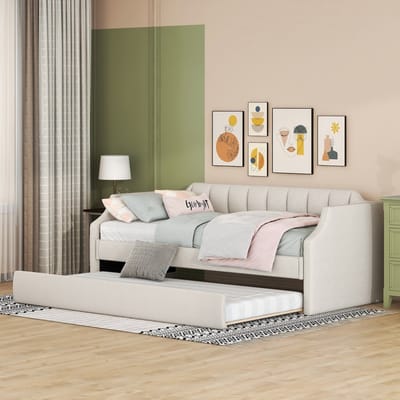 REDOM Bedbank 90x200 cm van katoen-linnen – Met uitschuifbaar rolbed en gebogen rugleuning – Beige