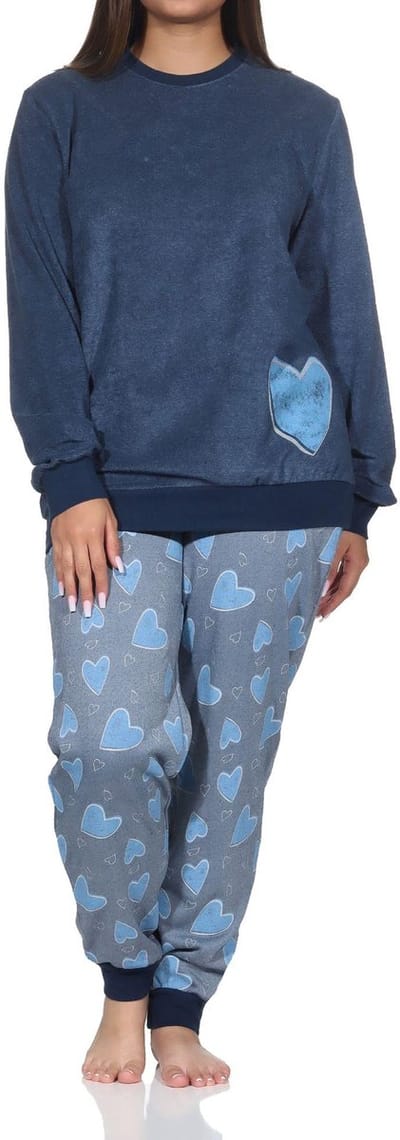 Normann dames badstof pyjama lange mouw met manchetten in hartjeslook - ook in oversize