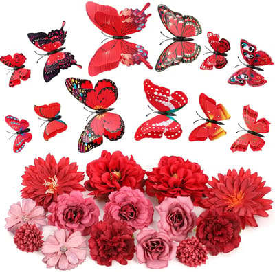 Dailygoods- Kunstmatige Bloemen 14 Stuks - 3D-Vlinderset 12 Stuks - Nepbloemen voor Ambachten - Namaakrozen - Bruiloft Decoratie - Herbruikbare Tuindecoratie