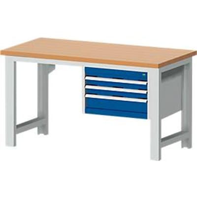 Bott cubio werkbank, handmatig in hoogte verstelbaar, rood beukenhouten blad 40 mm, B 1500 x D 750 x H 740-1140 mm, stalen frame, 1200 kg, gentiaanblauw/lichtgrijs