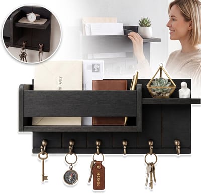 Multifunctionele Sleutelhouder Voor Aan De Muur - 35 X 15,5 cm - Hout - 6 Sleutelhaakjes - Eenvoudige Installatie - Inclusief Bevestigingsmateriaal - Voor Hal