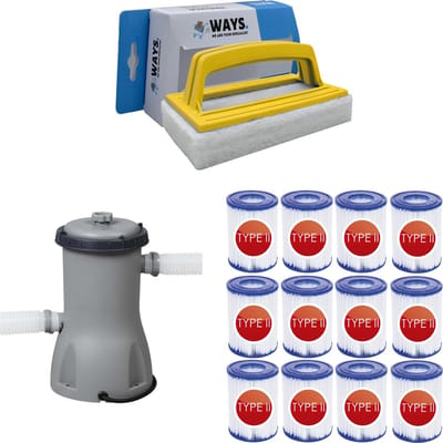 WAYS - Zwembad Onderhoud - Filterpomp 2006 L/h & 12 Filters Type II & WAYS Scrubborstel