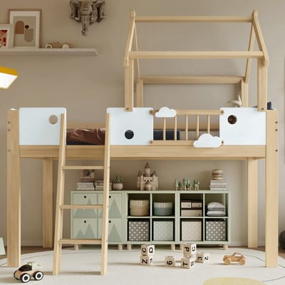 VVBV Houten Hoogslaper 90x200 cm met Uitvalbeveiliging, Huisdesign - Voor Kinderen/Tieners - Massief Hout/MDF Wit/Naturel