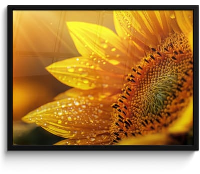 Poster in lijst - Fotolijst 70x50 cm - Posters - Zonnebloem - Dauwdruppels - Geel - Zonlicht - Posterlijst zwart - Decoratie - Wanddecoratie woonkamer - Muurdecoratie slaapkamer
